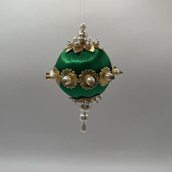 Vintage Handmade Jeweled Beaded Push Pin Green/Gold Pearl Christmas Ornament 3” - Picture 1 of 8